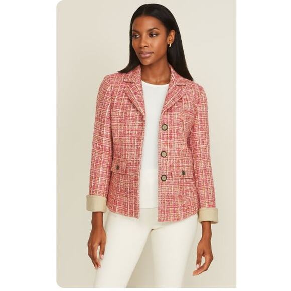 Carlisle Multicolor Pink Khaki Tweed Wool Silk Blend Blazer Jacket Size 6 - Picture 1 of 9